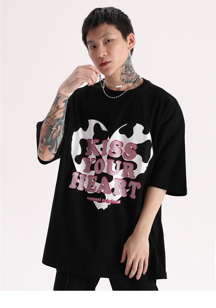 JUSTNOTAG Heart-Shaped Cow Pattern Letters Short Sleeve Tees