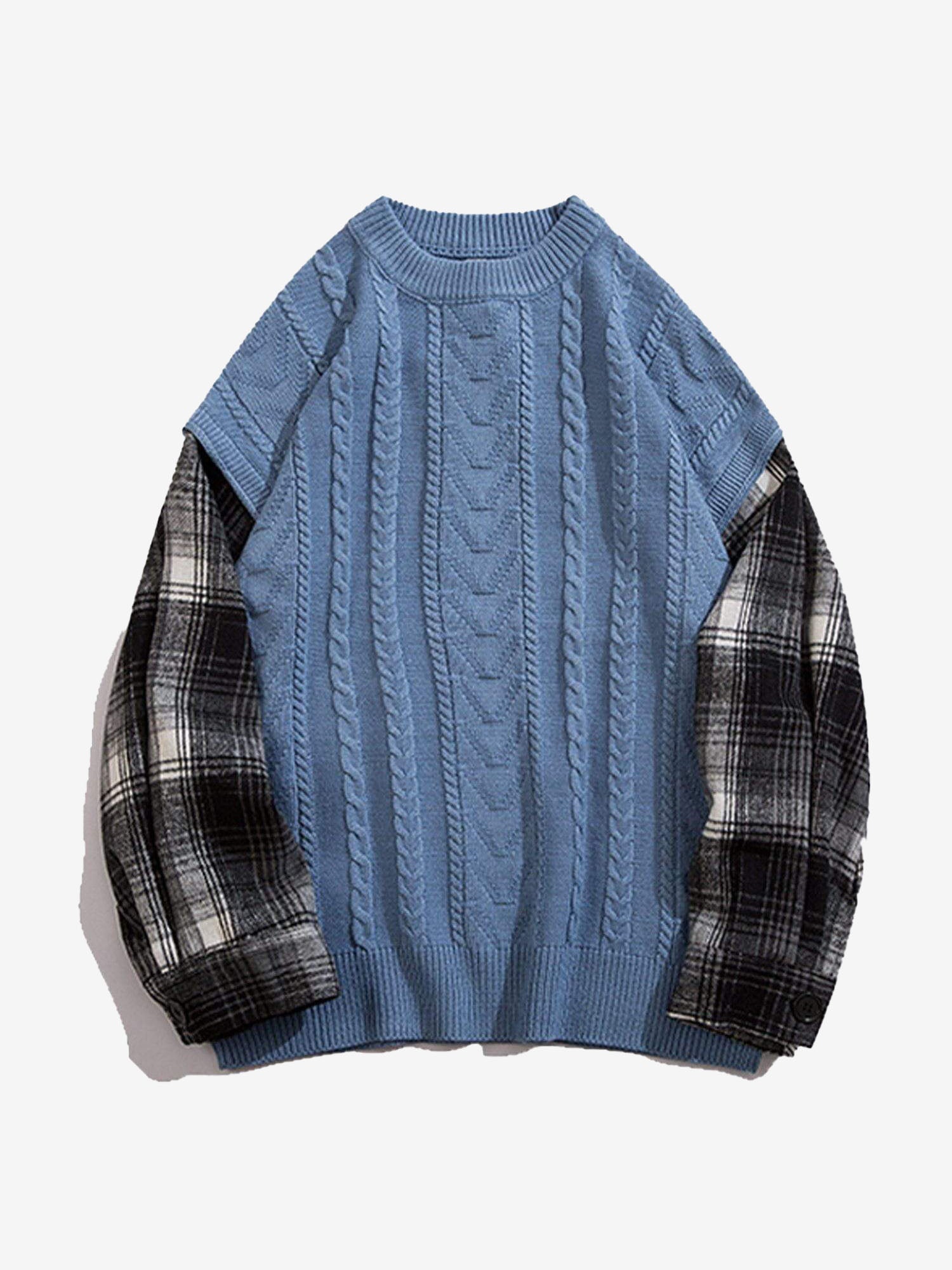 JUSTNOTAG Vintage Plaid Patchwork Knitted Sweater