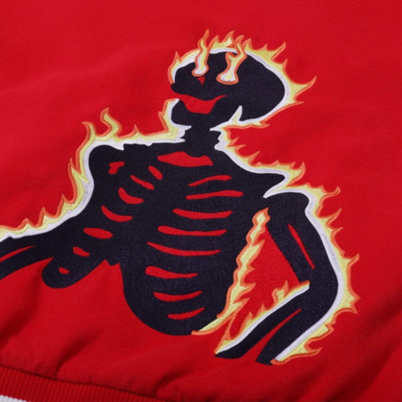JUSTNOTAG Vintage Patchwork Flame Love Skeleton Man Embroidery PU Varsity Jacket