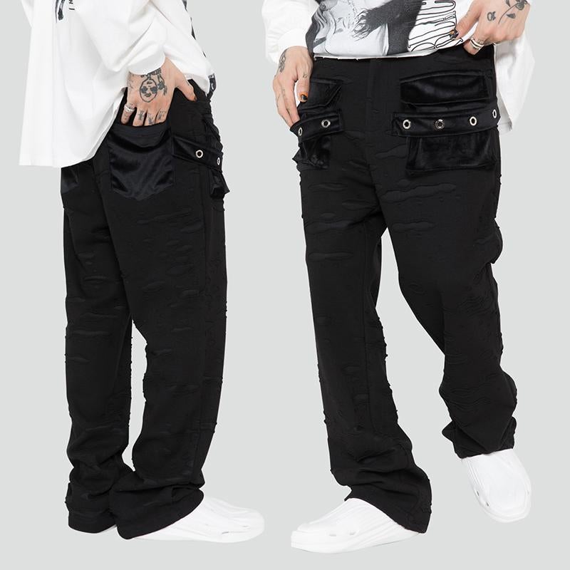 JUSTNOTAG Washed Destroyed Flare Pants Pockets Casual Micro Flared Sweatpants Streetwear Slim Fit Zipper Joggers