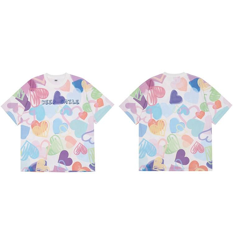 JUSTNOTAG Multicolor Painting Heart Letter Print Short Sleeve Tee