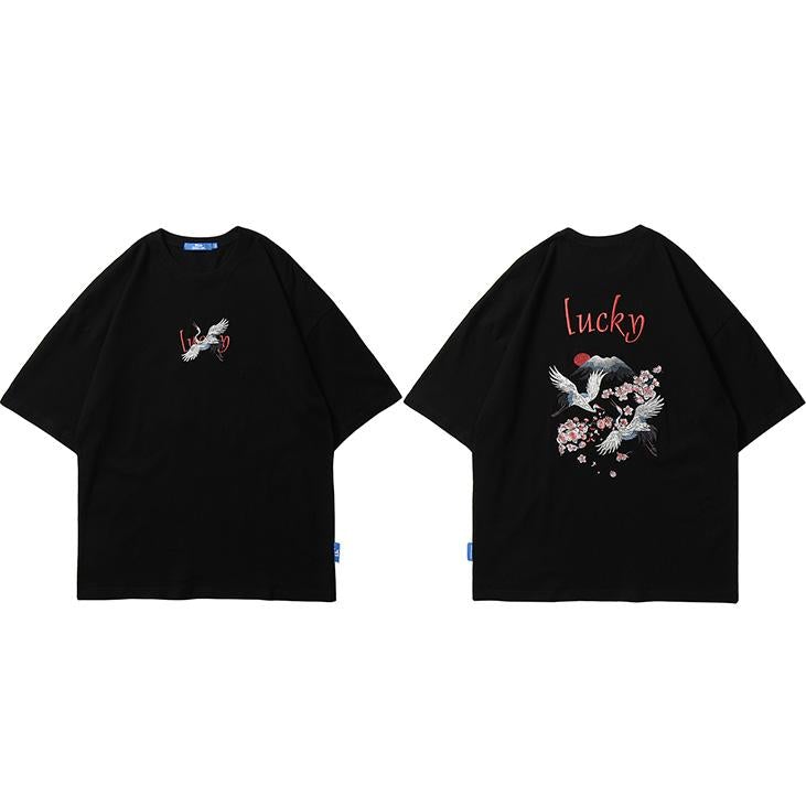 Justnotag Broderie Grue Sakura Lucky T-shirt à manches courtes