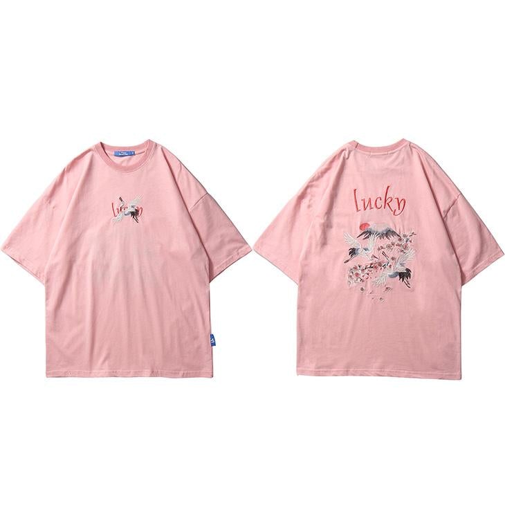 JUSTNOTAG Embroidery Crane Sakura Lucky Short Sleeve Tee