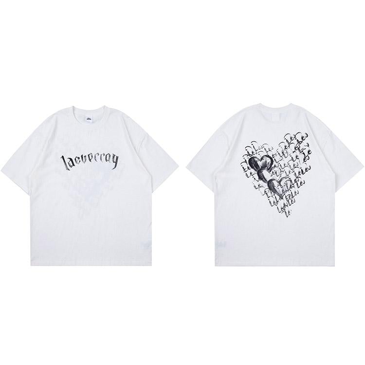 JUSTNOTAG Painting Heart-Shaped Letter Print Short Sleeve Tee