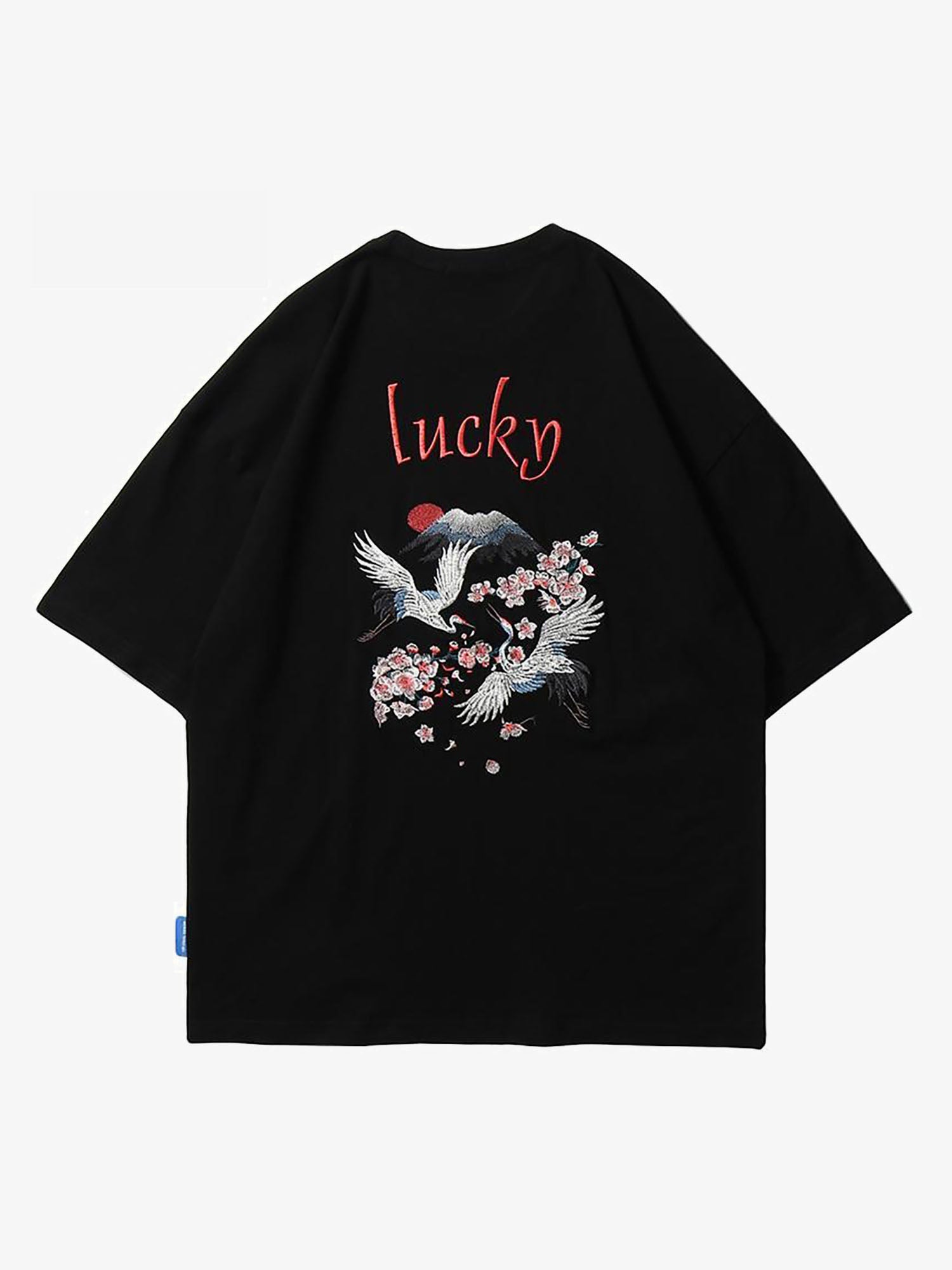 JUSTNOTAG Embroidery Crane Sakura Lucky Short Sleeve Tee
