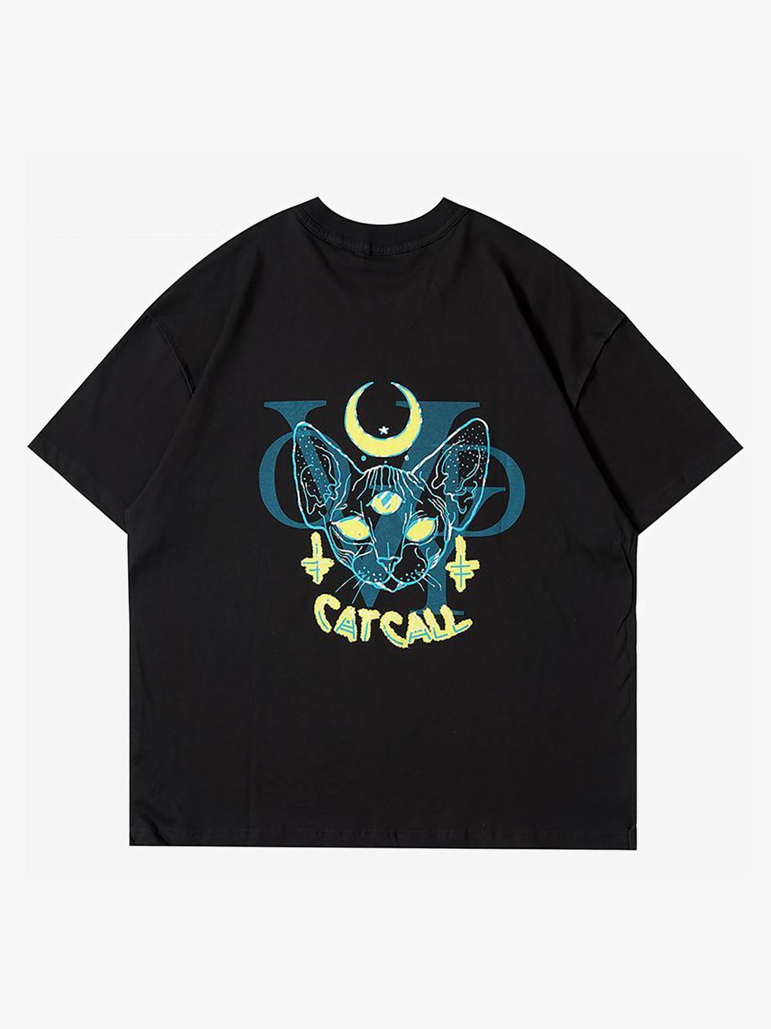 Justnotag T-shirt a maniche corte con testa di gatto con tre occhi dipinta a mano