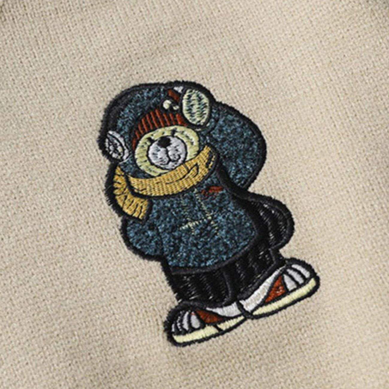 JUSTNOTAG Vintage Bear Embroidered V-neck Sweater
