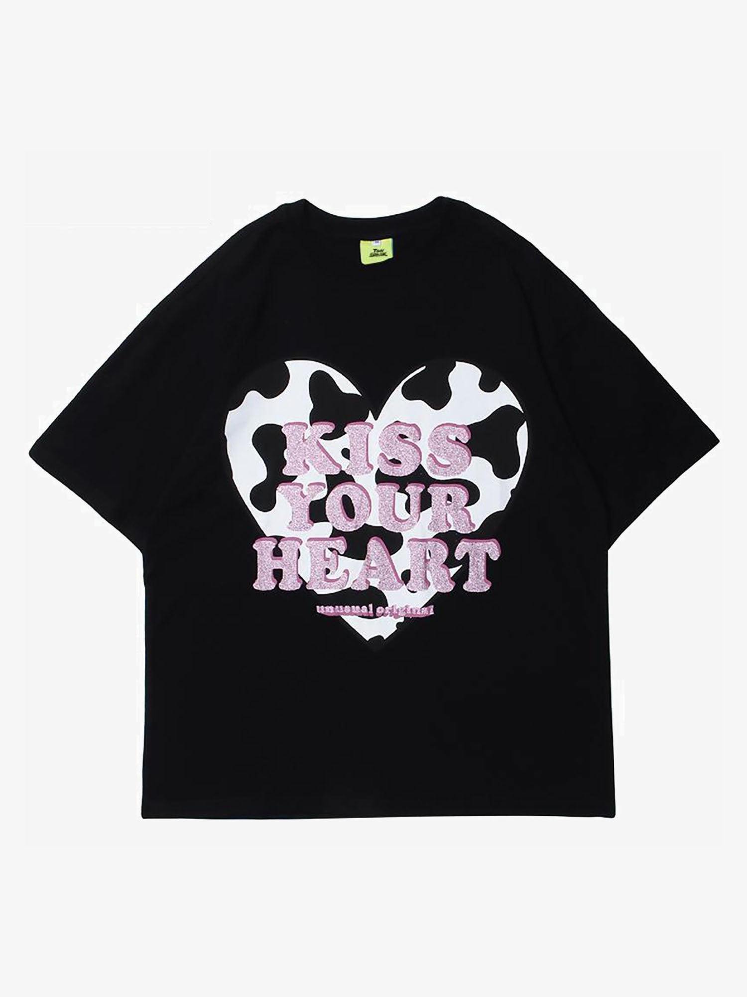 JUSTNOTAG Heart-Shaped Cow Pattern Letters Short Sleeve Tees
