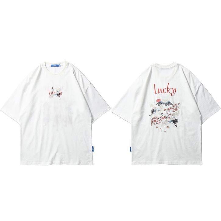 Justnotag Broderie Grue Sakura Lucky T-shirt à manches courtes
