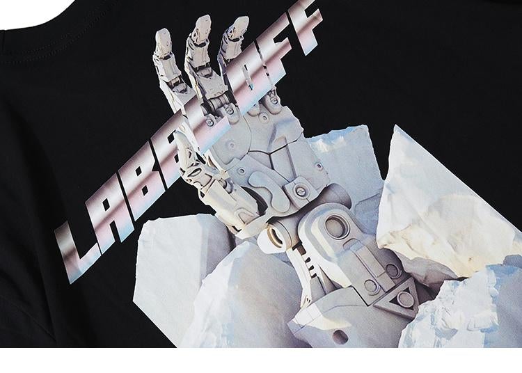 JUSTNOTAG Hip Hop Letter Robot Hand Print Short Sleeve Tee