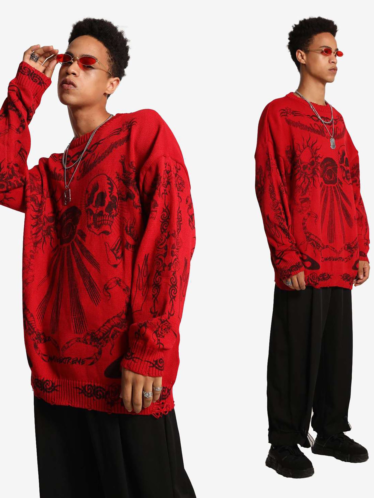JUSTNOTAG HipHop Print Catton Round Neck Loose Sweater
